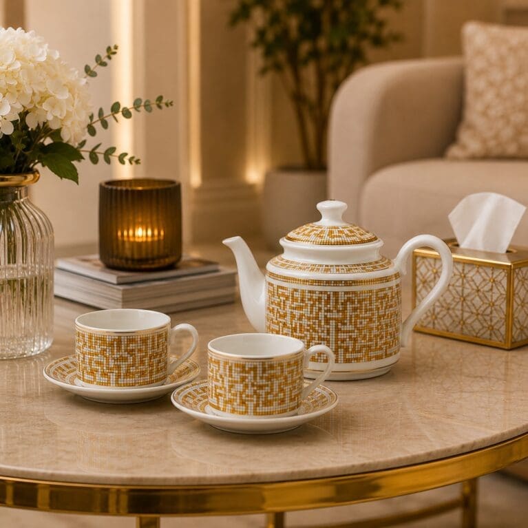 Aw 0206 Golden Elegant Coffee Serving Set with Pot + 2 Cups & 2 Saucers