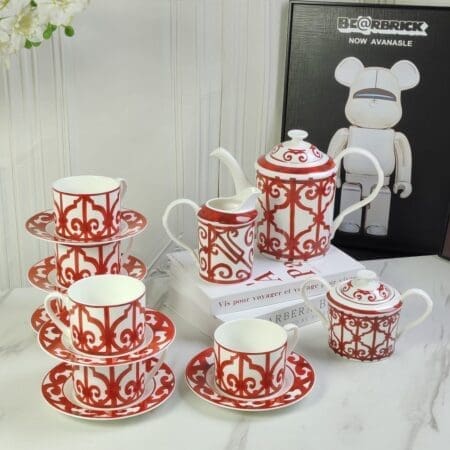 Awani00 Luxury Red Arabesque Tea Set – 15 Piece Porcelain Tea Collection
